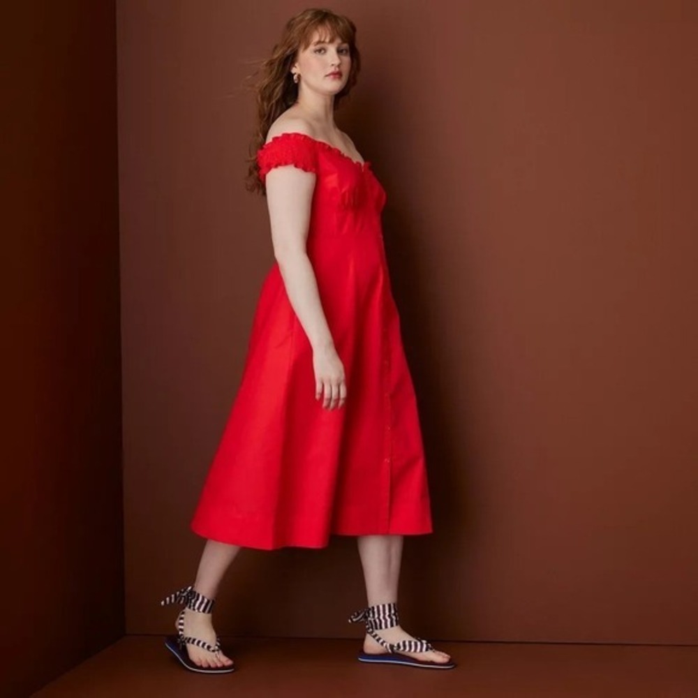 Rosie Assoulin x Target M Medium Off Shoulder Poplin Button-Down Midi Dress Red - Picture 4 of 9